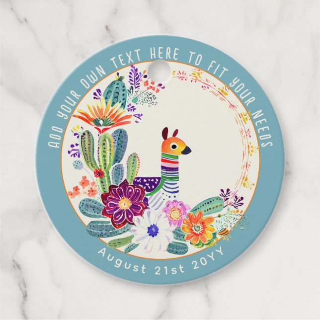 Étiquettes Cadeau FIESTA Cactus Llama FolkFlowers Party Personnalisé (Devant)
