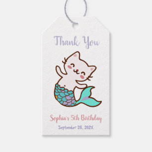 Étiquettes-cadeau Fille Anniversaire Chat Sirène Sous la Mer Merci