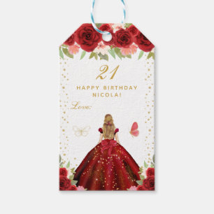 Étiquettes-cadeau Fille aux cheveux blonds avec fleurs rouges Joyeux