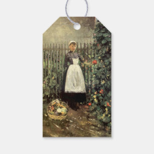 Étiquettes-cadeau Fille avec un panier de légumes dans un jardin