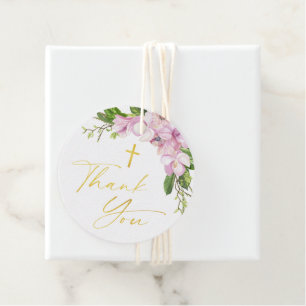 Étiquettes Cadeau Fille Baptême Fleurs roses et Merci brut