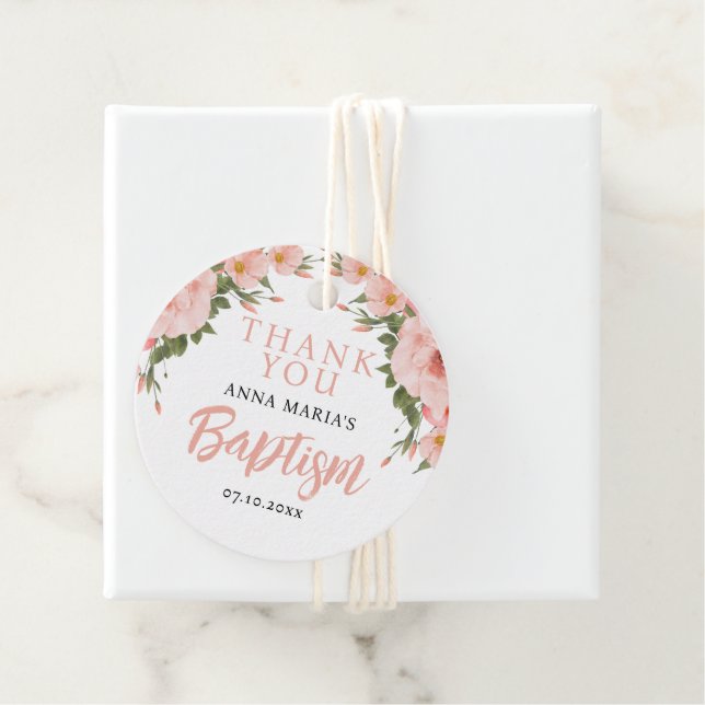 Étiquettes Cadeau Fille Baptême Merci de fleurs roses (En situation)