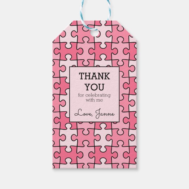 Étiquettes-cadeau Fille Doux rose Puzzle noir Anniversaire (Devant)