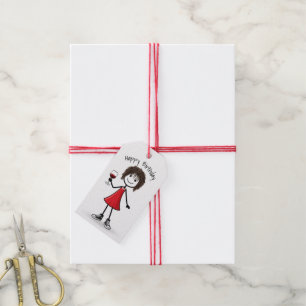 Étiquettes-cadeau Fille en bonhomme allumette d'anniversaire avec ve
