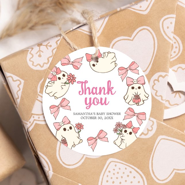 Étiquettes Cadeau Fille Fantôme Petit Boo Halloween Baby shower rond (Pink Little Boo Halloween Baby Shower Round Favor Tags
)