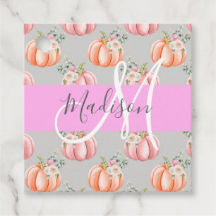 Étiquettes Cadeau Fille Floral Gris rose Pêche Citrouille Nom
