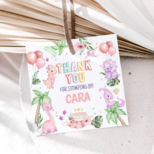 Étiquettes Cadeau Fille Pink Safari Dinosaur Carré de fête d'anniver