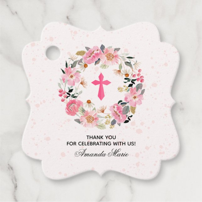 Étiquettes Cadeau Fille Première Communion Aquarelle rose Fleur Fave (Devant)