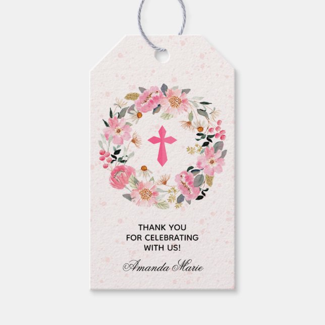 Étiquettes-cadeau Fille Première Communion Aquarelle rose Fleur Fave (Devant)