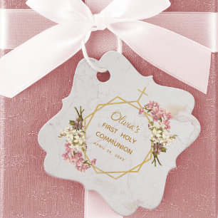 Étiquettes Cadeau Fille Première Communion Floral Orchidées Rose Or