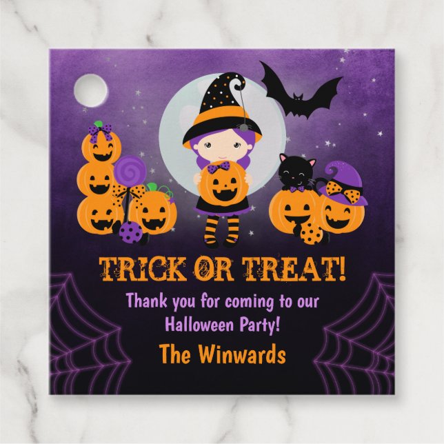 Étiquettes Cadeau Fille sorcière Citrouille fête d'Halloween (Devant)