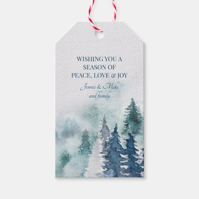 Étiquettes-cadeau Fir arbres de forêt Aquarelle Noël (Devant)