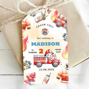 Étiquettes-cadeau Fire Truck Firefighter 2e fête d'anniversaire