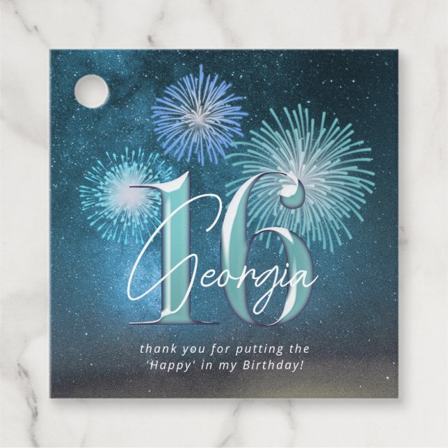 Étiquettes Cadeau Fireworks Sweet 16 ID Turquoise984 (Devant)