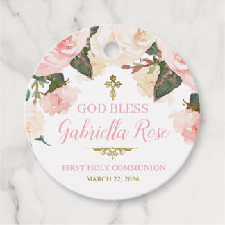 Étiquettes Cadeau First Communion & Baptism, Pink Floral Gold