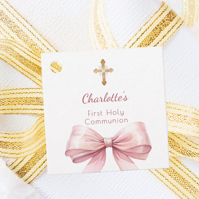 Étiquettes Cadeau First Communion blush pink bow cross girl DIY (Créateur téléchargé)