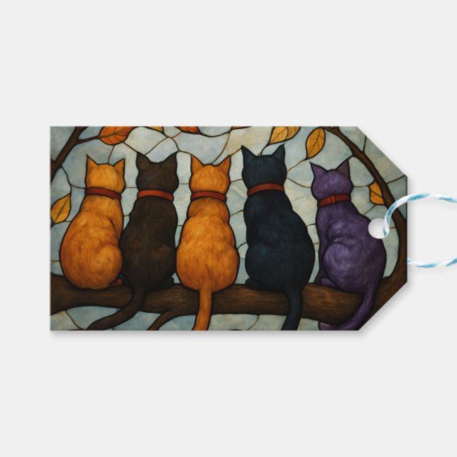 Étiquettes-cadeau Five Cats on a Tree Branch Stained Glass Style (Devant (Horizontal))