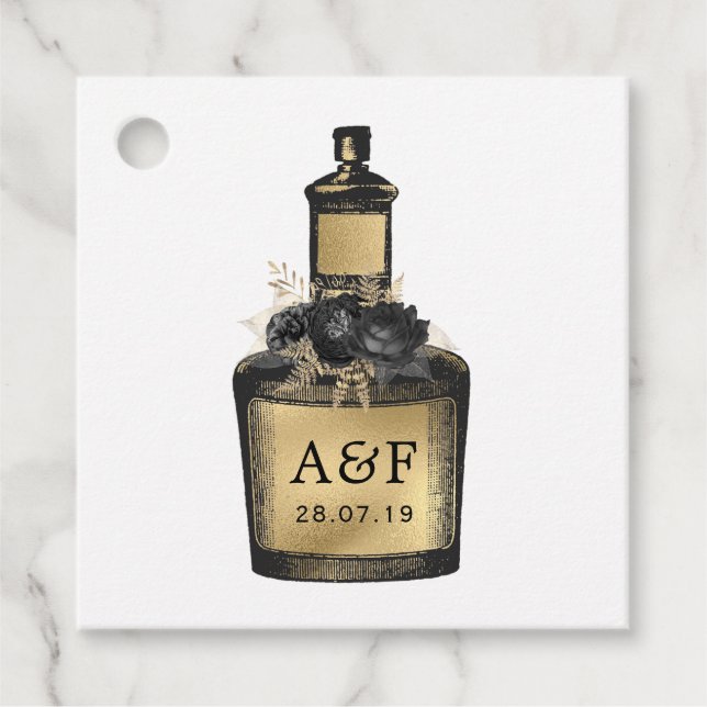 Étiquettes Cadeau Flacon de potion noir et or monogramme (Devant)
