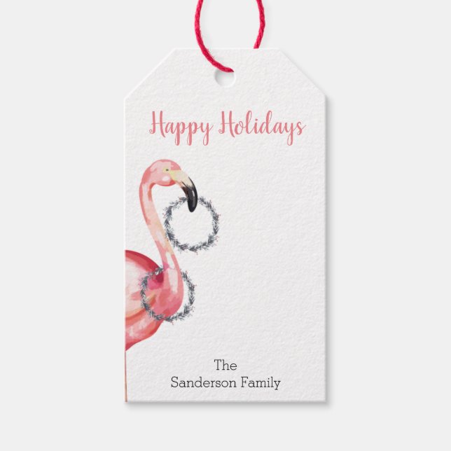Étiquettes-cadeau Flamant rose de Noël avec Wreath Joyeuses Fêtes (Devant)