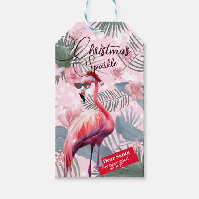 Étiquettes-cadeau Flamant rose de Noël Lumières tropicales (Devant)