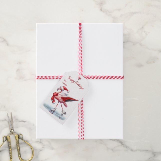 Étiquettes-cadeau Flamant rose de Noël Patinage sur glace (Avec de la ficelle)