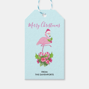 Étiquettes-cadeau Flamant rose rose à Santa Hat Noël Whimsical