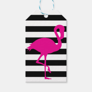 Étiquettes-cadeau Flamant rose rose rayé noir et blanc