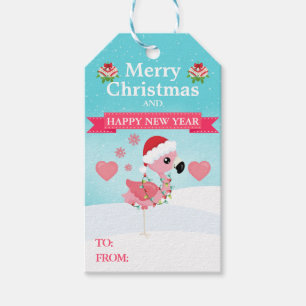 Étiquettes-cadeau Flamingo de Noël rose et rouge d'hiver