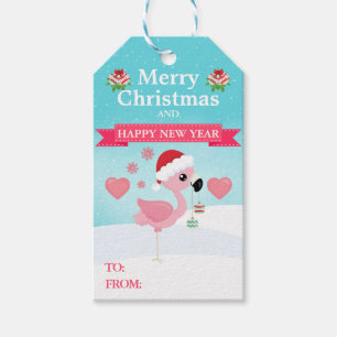 Étiquettes-cadeau Flamingo de Noël rose et rouge d'hiver
