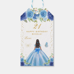 Étiquettes-cadeau Fleur Bleue Fille à Peau Mate Joyeux Anniversaire