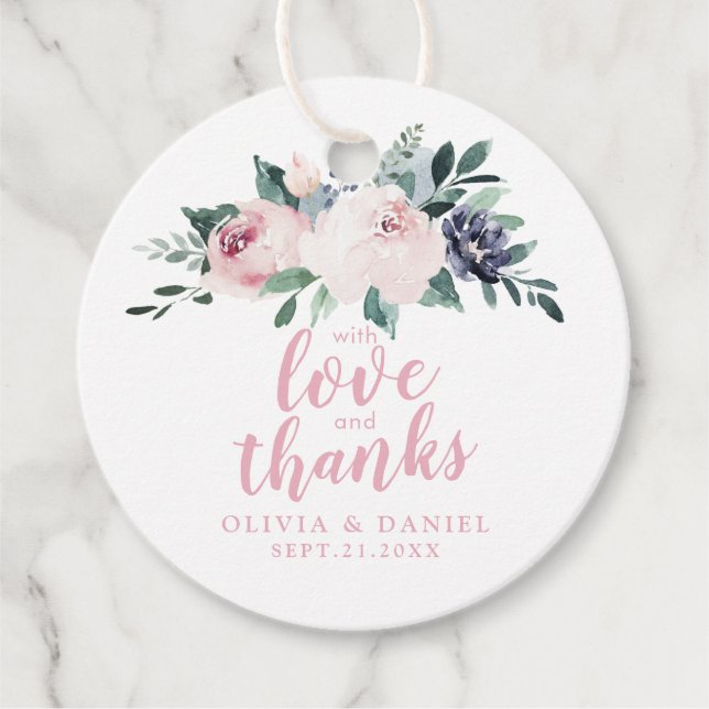 Étiquettes Cadeau Fleur botanique rose avec amour et remerciements (Devant)