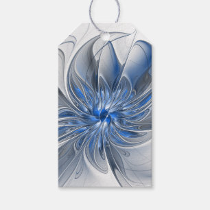 Étiquettes-cadeau Fleur d'art fractal à l'aquarelle bleue grise abst