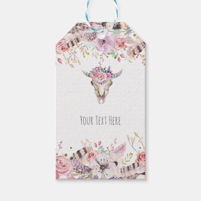 Étiquettes-cadeau Fleur et Vache Crâne Boho Chic Pays Glam (Devant)