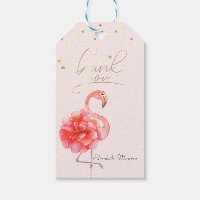 Étiquettes-cadeau Fleur Flamant rose rose, Confetti Or (Devant)