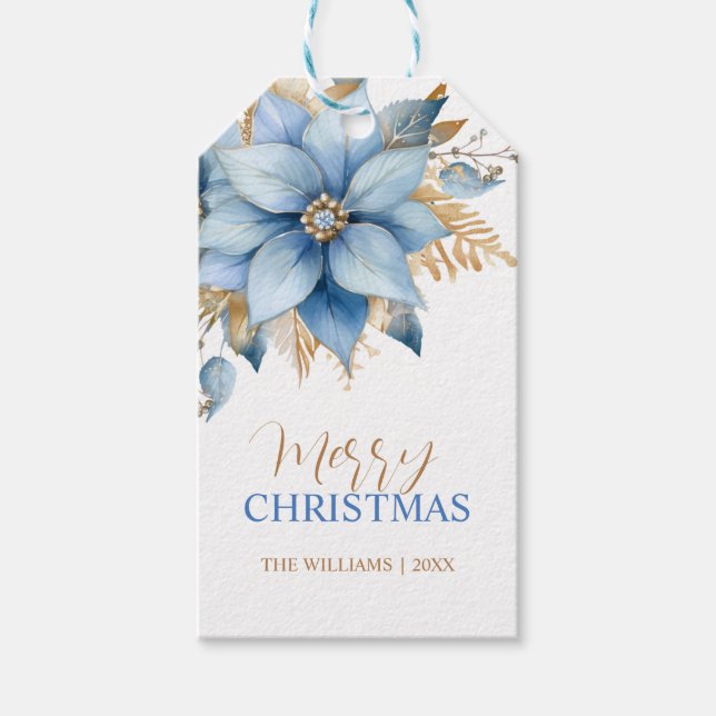 Étiquettes-cadeau Fleur Icy Blue Gold Poinsettia Noël (Devant)