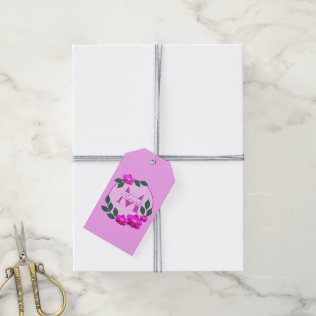 Étiquettes-cadeau Fleur rose vintage nom personnalisé initial (Avec de la ficelle)