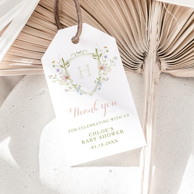 Étiquettes-cadeau Fleur sauvage Pastel Monogram Crest Merci (Créateur téléchargé)