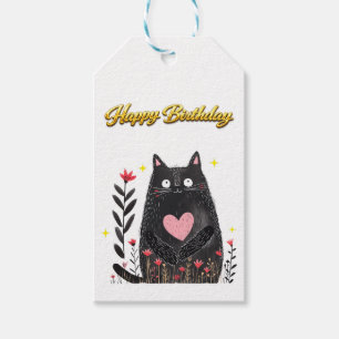Étiquettes-cadeau Fleurs Aquarelle Chat Noir Coeur Rose Anniversaire