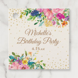Étiquettes Cadeau Fleurs aquarelles rose jaune bleu pour anniversair