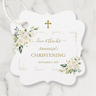Étiquettes Cadeau Fleurs blanches élégantes Confetti Or Christening