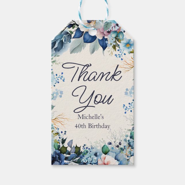 Étiquettes-cadeau Fleurs blanches et bleues remerciement d'anniversa (Devant)