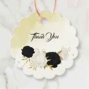 Étiquettes Cadeau fleurs blanches noires or feuille mariage