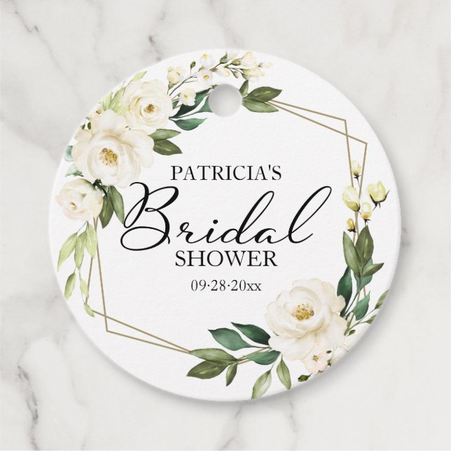 Étiquettes Cadeau Fleurs blanches vertes Fête des mariées géométriqu (Devant)