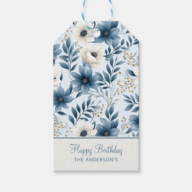 Étiquettes-cadeau Fleurs bleues et beiges (Devant)