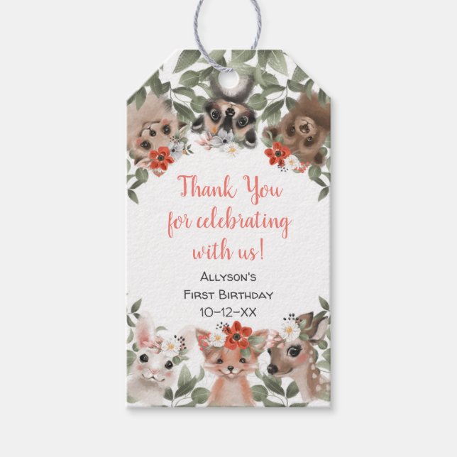 Étiquettes-cadeau Fleurs boisés animaux forêt fille anniversaire (Devant)