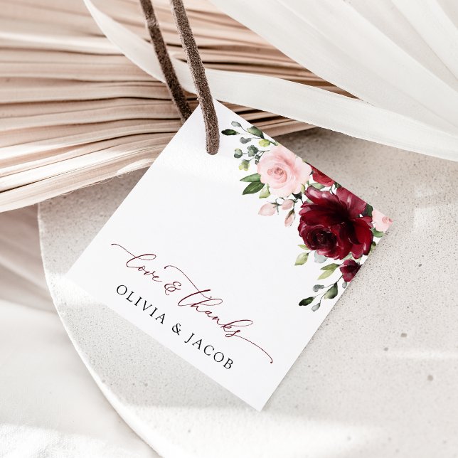Étiquettes Cadeau Fleurs Bourgogne, Fleurs roses, Verdure, Mariage (Créateur téléchargé)