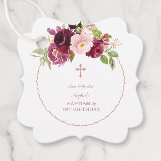 Étiquettes Cadeau Fleurs Bourgogne Rose Or 1er Anniversaire & Baptêm