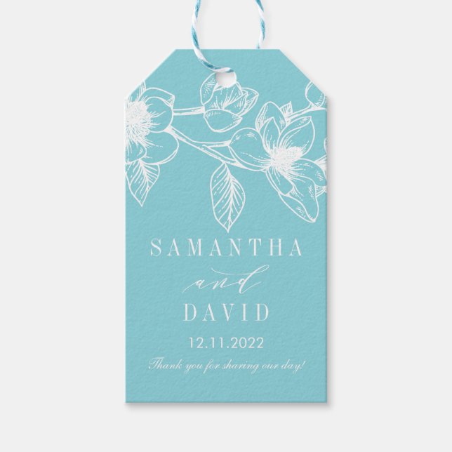 Étiquettes-cadeau Fleurs Chic Magnolia | bleu pâle | MARIAGE (Devant)