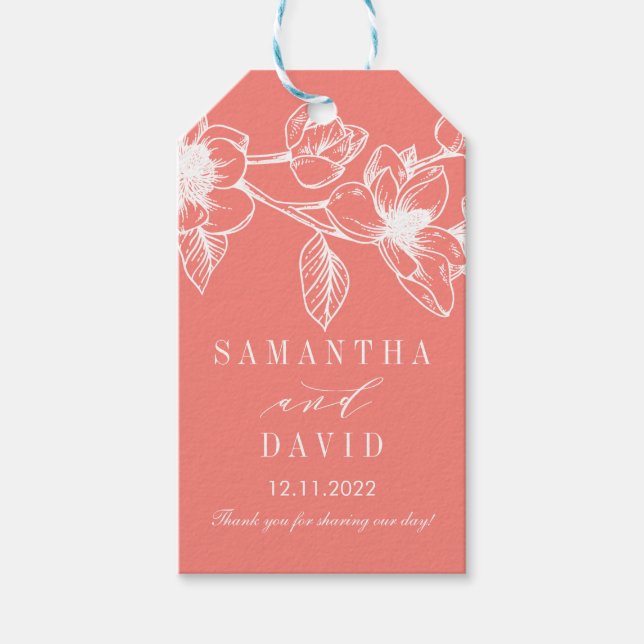 Étiquettes-cadeau Fleurs Chic Magnolia | Corail | MARIAGE (Devant)