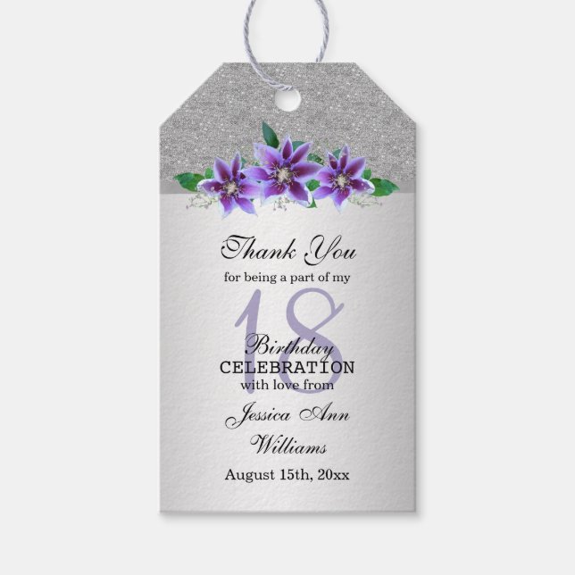 Étiquettes-cadeau Fleurs Clematis et Argent Classy 18e anniversaire (Devant)